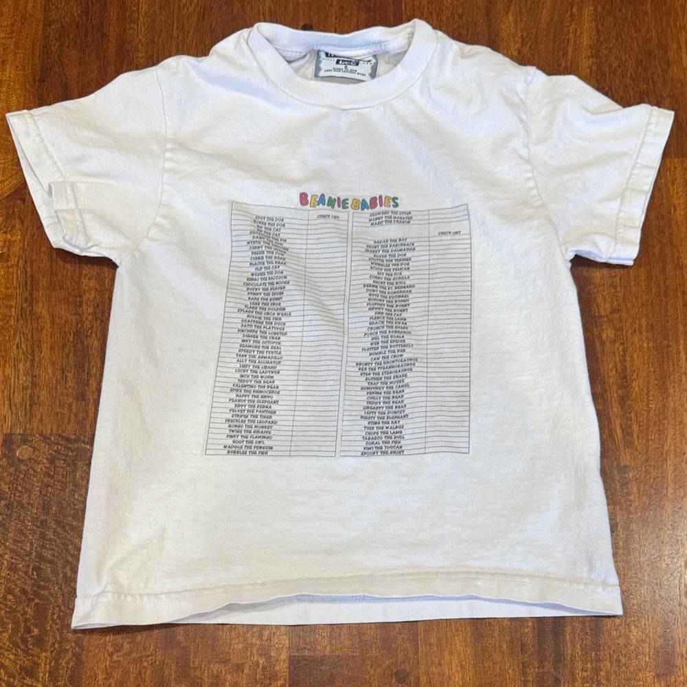 Vintage 90s/ Y2K Ty White Kids Tee with Multicolor Beanie Babies List